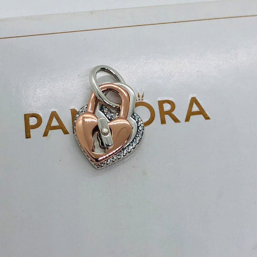 ✨🔥 Pandora you have me forever charm Two-Tone Double Heart Dangle Charm